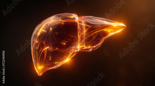 3D illustration of human liver glowing with transparent glass-like effect, medical concept of anatomy, organ health and hepatology 
