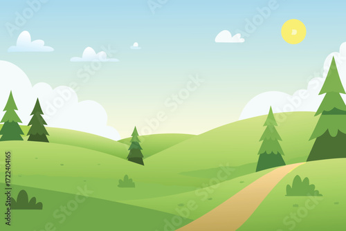A calm light blue sky over a vibrant green rolling landscape