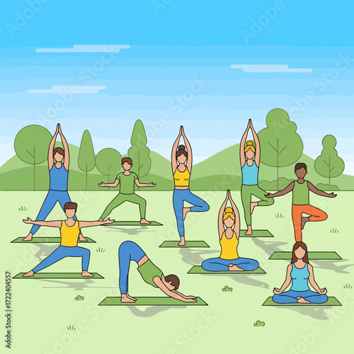 Diverse group of people practicing various yoga poses together during an outdoor class in a city park