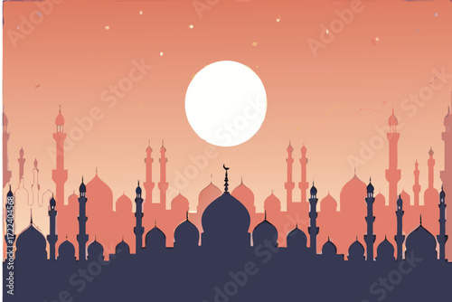 Silhouette of a city skyline with a large moon and minarets