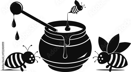 Cute cartoon bees with a honey pot and dipper illustration