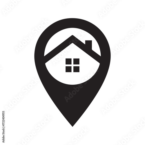 Home location icon, simple house inside a map pin symbol. Real estate property address marker, GPS destination pointer vector logo.
