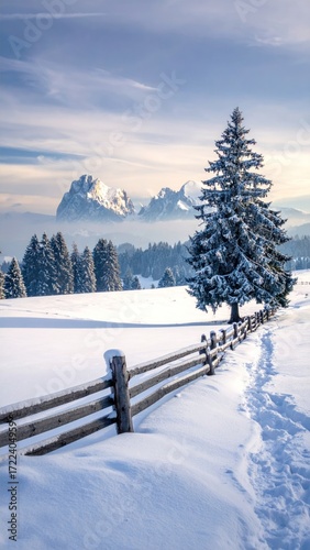 Snowy landscape with a weathered wooden fence leading to a snow-covered field and mountains under a blue sky with wispy clouds on a winter day
