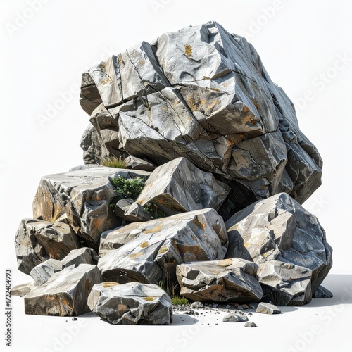 Pile of large gray and white rocks with patches of yellow lichen, forming a textured, rugged formation against a stark white background