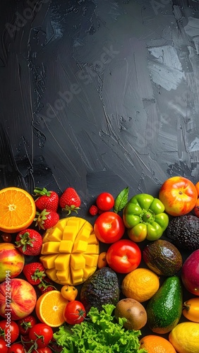 Vivid assortment of produce on a dark, textured surface, including fruits and vegetables in varying colors, shapes, and sizes