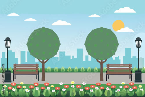 A peaceful park scene with trees benches and a cityscape backdrop