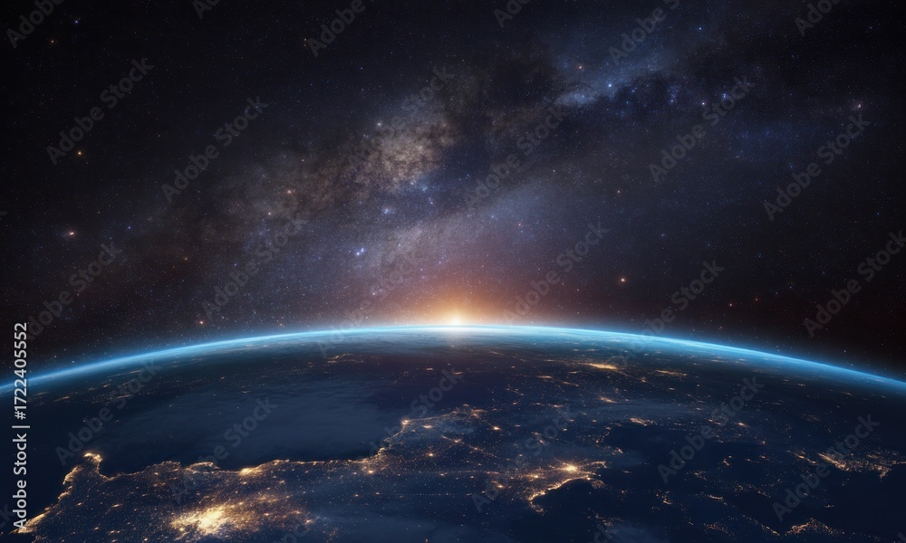 Obraz premium Earth from space, sunrise, Milky Way. Vast expanse of space, dotted with stars. Earth's swirling atmosphere, lit by sunrise