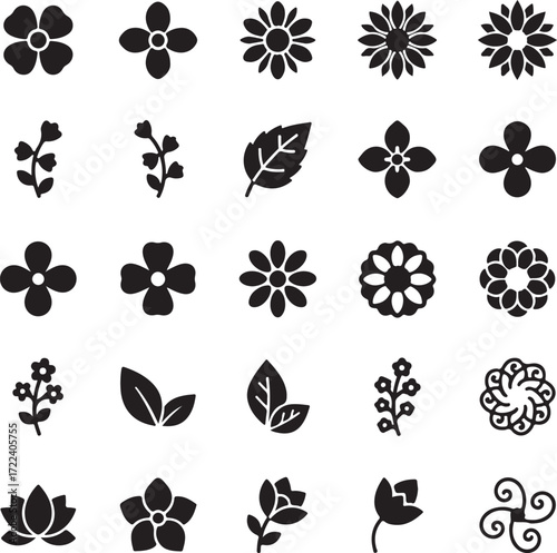 Elegant Floral Silhouette: A collection of beautifully designed, black silhouette icons showcasing a diverse array of flowers, leaves, and delicate plant life.