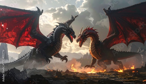 Two dragons, one black, one red, clash in a fiery landscape with mountains in the misty distance under a cloudy sky