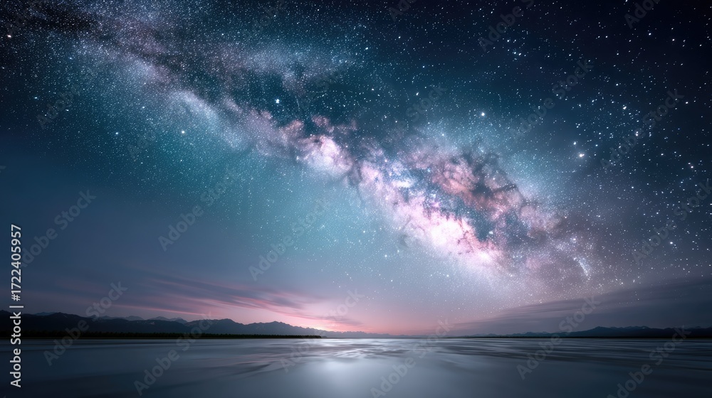 Fototapeta premium Milky Way Galaxy Over Tranquil Horizon at Dusk Dark Sky and Celestial Light Panorama with Starry Field