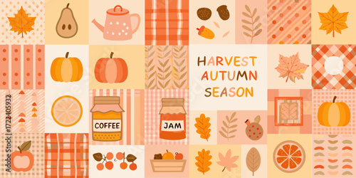 Cozy autumn harvest season collage featuring pumpkins leaves fruits and jars of coffee and jam
