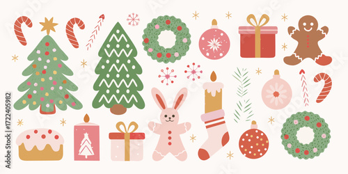 Whimsical hand drawn christmas elements collection with festive decorations and treats