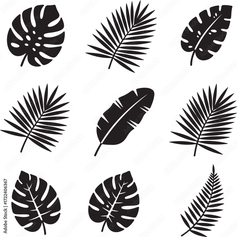 Obraz premium Monstera Leaves Set: A striking collection of nine intricately detailed tropical leaves in black silhouette against a clean background, perfect for adding a touch of exotic elegance to any design.