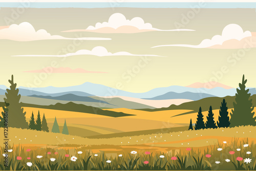 Scenic landscape illustration showing rolling hills distant mountains and vibrant fields