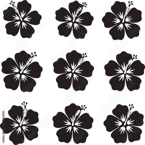 Nine Hibiscus Silhouette: A symmetrical array of nine black hibiscus blossoms, a classic and elegant design suitable for various creative applications. 