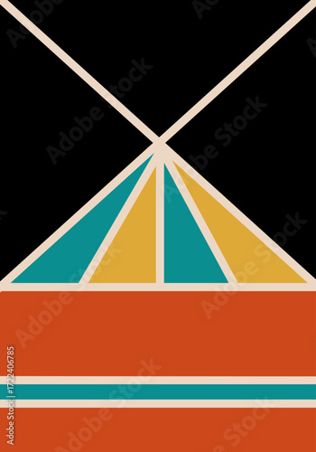 Geometric Pyramid Design With Teal Gold Triangles On Orange Base, Abstract Art