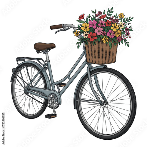 Vector Illustration of Bicycle with Flower Basket in Modern Minimalist Style with Bright Color Palette