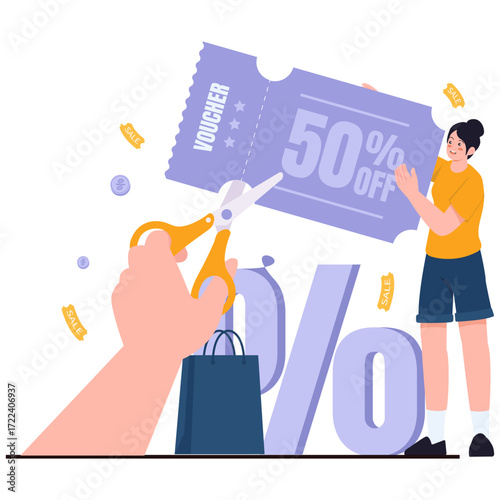 Hand cutting a 50 off voucher with scissors