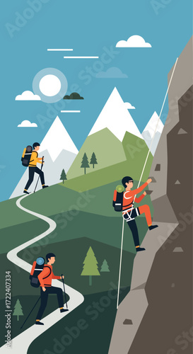 Adventure hikers scaling mountains and climbing steep rocks on a sunny day with scenic landscapes and green hills