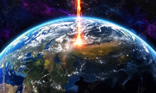 Animated wide shot of Earth from space with a massive meteor approaching rapidly toward the north pole, glowing atmosphere and intense light effects, stylized dramatic collision setup