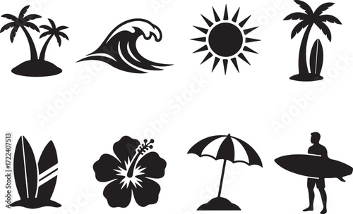 Beach Icon Set: A curated collection of minimalist beach-themed icons, including palm trees, waves, sun, surfboard, hibiscus, umbrella and surfer, perfect for travel and summer designs.