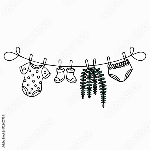 delicate continuous-line nursery clothesline scene with baby onesie booties trailing fern lace details charming minimalist wall art for nurseries and family branding