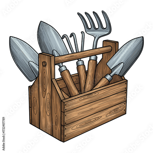 Vector Illustration of Gardening Tools in Wooden Box in Realistic Style with Natural Colors