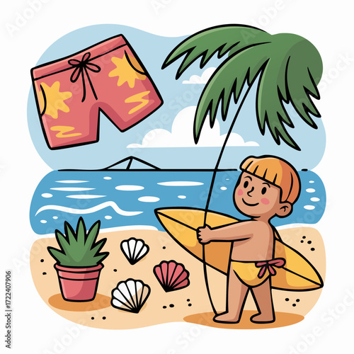 breezy beach clothesline single-line artwork with board shorts bikini bottoms palm planter surfer kid and shell hearts perfect for resort and summer product design.