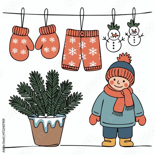 cozy winter clothesline single-line illustration with wool mittens snowflake boxers pine planter bundled child and tiny snowmen seasonal greeting and apparel art