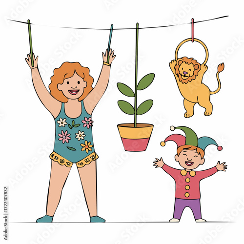 lively circus clothesline single-line illustration with flower jumpsuit lace bloomers ring toss plant lion cub and jester child playful theatrical kids decor and apparel art