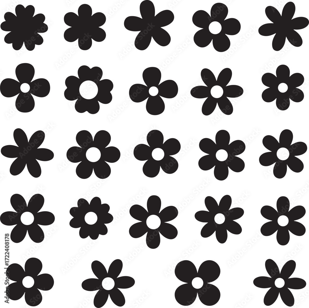 Fototapeta premium Floral Symphony: A minimalist composition of various flower shapes, presented in stark black against a solid background, embodies simplicity and elegance