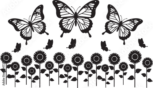 Butterflies above sunflower field: A captivating artwork depicts butterflies fluttering above a field of sunflowers.