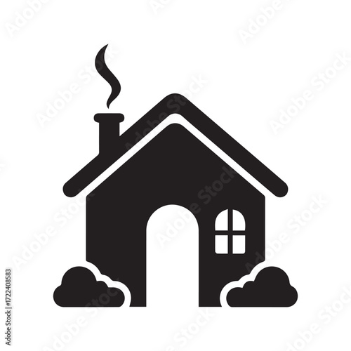 Cozy cottage icon, simple black home silhouette with smoking chimney. Real estate property symbol, vector graphic illustration.
