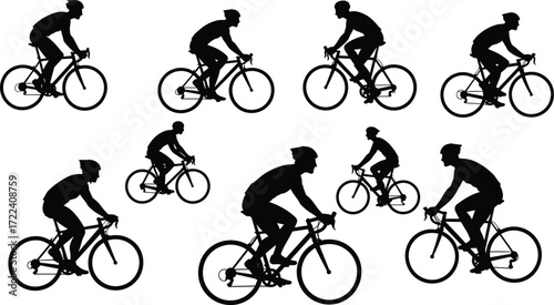 Cyclist silhouette collection, multiple bike rider poses, professional cycling vector illustration, sports training design, racing athlete graphic, exercise motion art