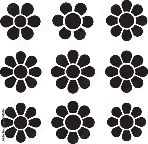 Black Daisy Pattern: Nine stylized black daisy illustrations arranged in a grid, creating a bold, graphic design element for a minimalist aesthetic.