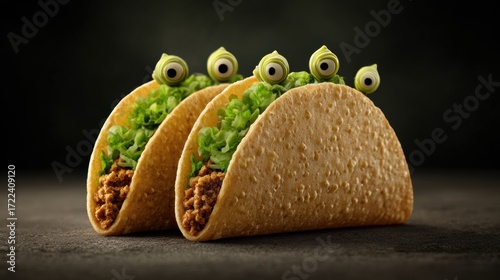 Creative tacos with green lettuce ground meat and eye-shaped toppings on crispy taco s for fun food presentation and humorous meal ideas