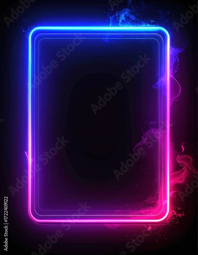 A glowing rectangular frame displays neon blue and pink lights, fading into wisps of smoke against a dark background, creating vibrant contrast