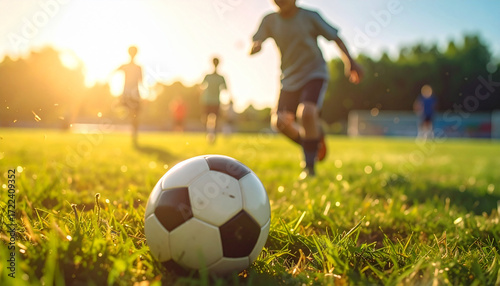 Soccer game: Capturing the spirit of summer, this photo captures a fast-paced soccer game, revealing a ball rolling on the green grass, embodying the joy and action of sports and healthy competition.