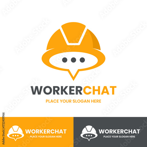 Worker Chat logo design. A modern concept combining a construction hard hat with a chat bubble. Ideal for industrial forums, team collaboration apps, and engineering support services.