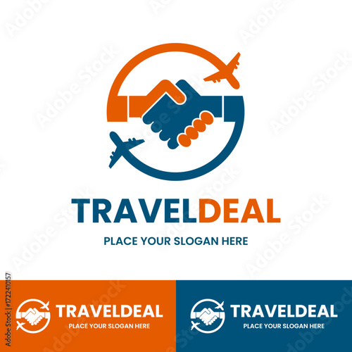 Travel Deal logo icon. Features a looping arrow with an airplane and a location pin, symbolizing flight booking and travel planning. Perfect for travel agencies and booking apps.