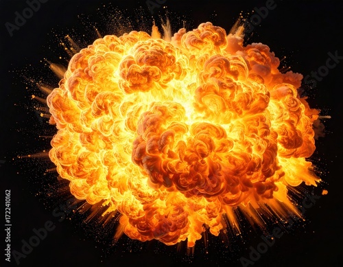 Fiery orange explosion emanating outwards, contrasting against a dark background, creating a dramatic and impactful visual effect