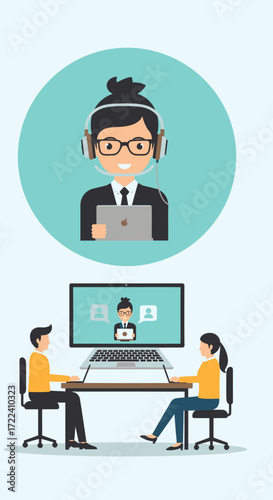 Illustration of a video conference call between two colleagues with a facilitator visible on the screen, representing remote work and online collaboration