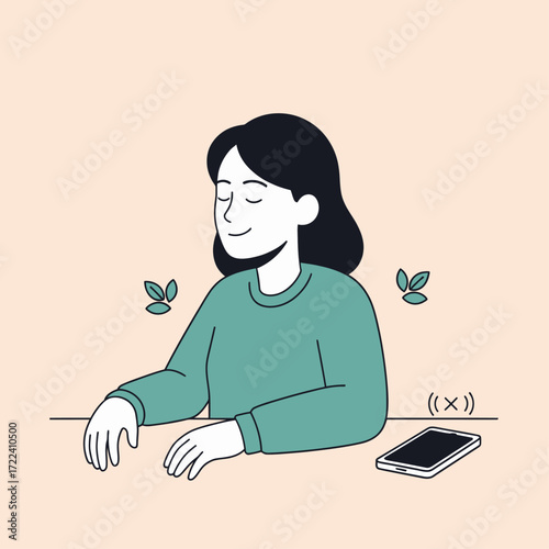 Simple Minimalist Flat Vector Illustration of a person doing digital detox, putting phone aside.