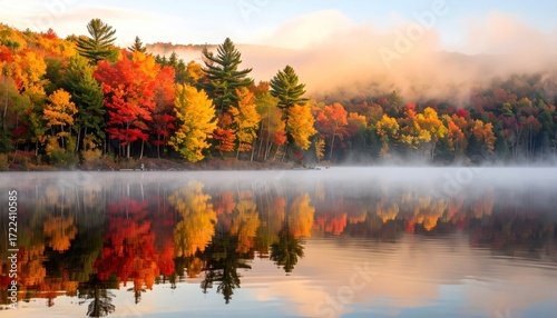 Vivid autumn foliage reflects on a misty lake under a soft sunrise, framed by mountains and fog