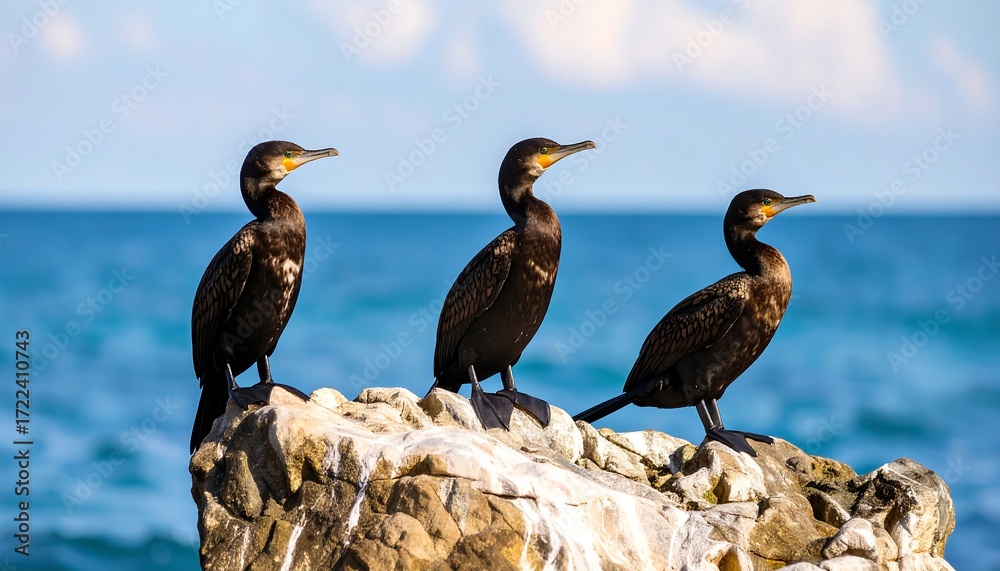Fototapeta premium Three cormorants on a rock