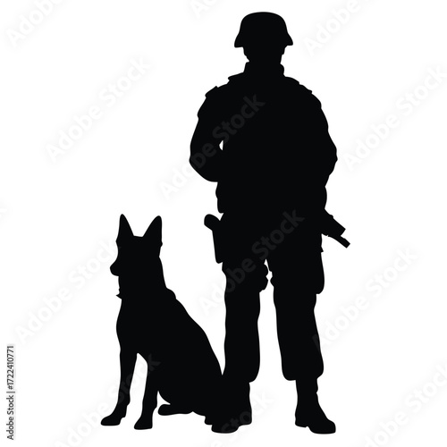 Silhouette of a soldier with a canine companion standing alertly