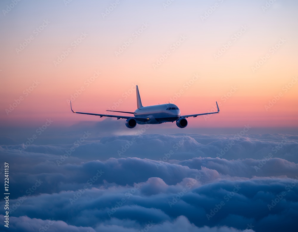 Fototapeta premium Airplane soaring above fluffy clouds at sunset, creating a vibrant sky backdrop.