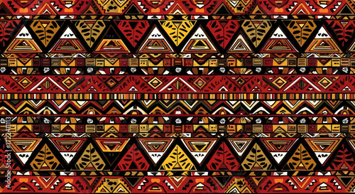 Dynamic and colorful tribal-inspired repeating pattern featuring intricate geometric shapes and African motifs in a rich palette of red, orange, and black, ideal for backgrounds and textiles