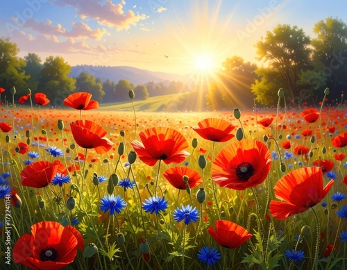 A vibrant field brimming with red poppies and blue cornflowers under a sunny, golden sky and gentle hills on the horizon
