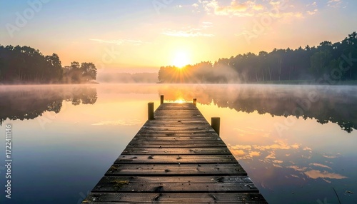Serene dawn breaks over a misty lake, a wooden dock extending into the calm water, trees silhouetted against the golden sky